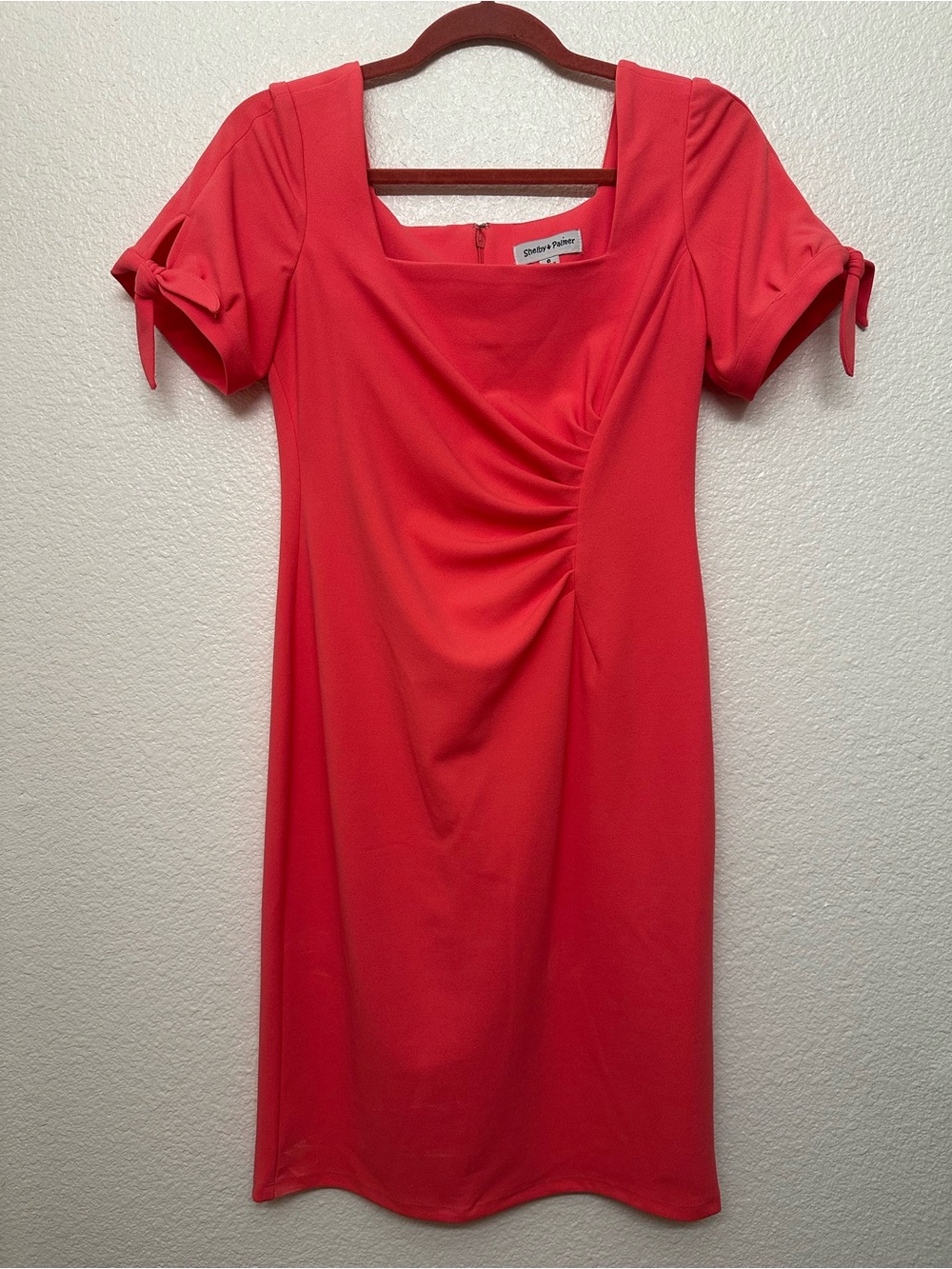 Shelby & Palmer Coral-Red Square Neck Midi Dress with Sleeve Ties